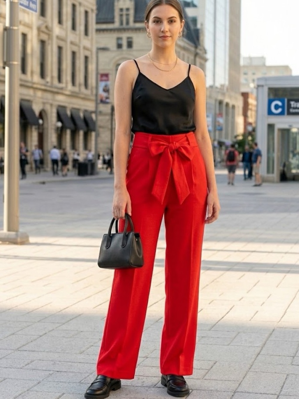 Double Crazy High-Waisted Red Wide Leg Pants with Removable Belt - Size L